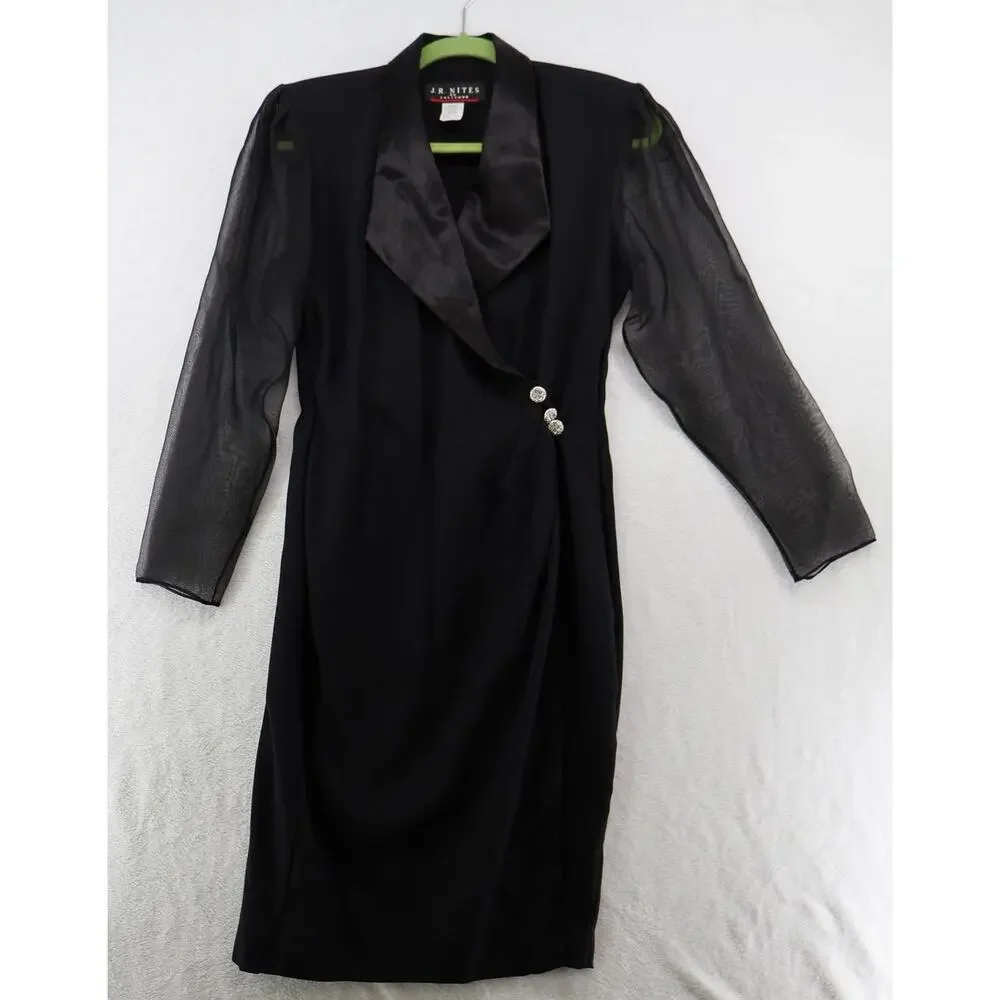 VTG J.R. Nites Wrap Dress USA Black Satin Sheer Sleeve Formal 80s 90s